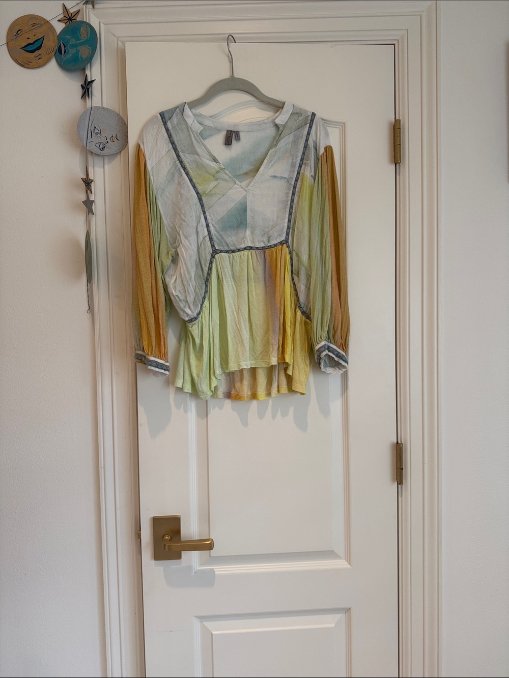 Lightweight Pastel  V-Neck Peasant Blouse - Green/Yellow